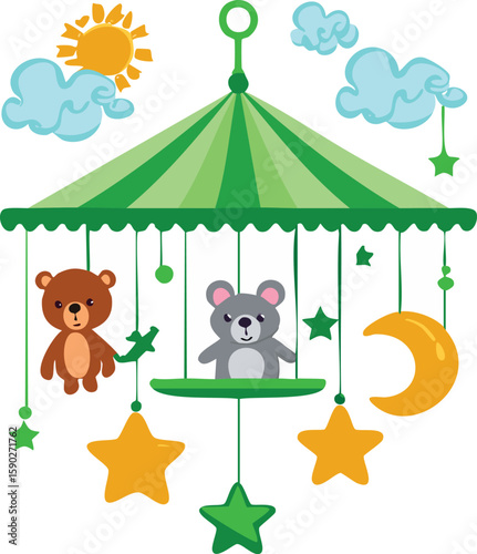 Hanging mobile with jungle animals, stars and clouds in soft tones. Ideal for baby room wall art, posters and gender-neutral nursery decor.
