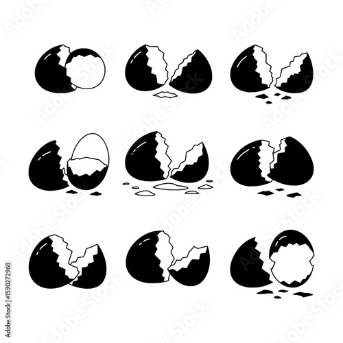 Minimalist Black Cracked Eggshell Silhouettes Representing Hatching, Brokenness, and Fragility in Simple Graphic Forms