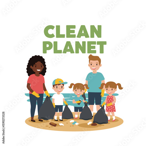 Group of children and adult cleaning beach and collecting trash  