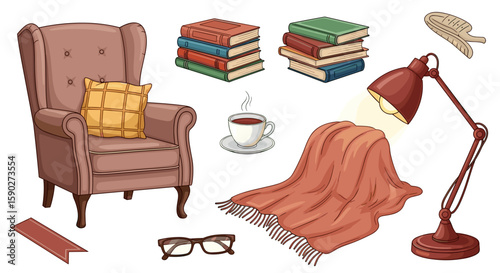 Cozy reading nook featuring an armchair, books, lamp, blanket, tea, and glasses for a relaxing time on transparent background