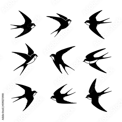 Elegant Collection of Minimalist Black Swallow Silhouettes Representing Freedom and Grace in Simple Graphic Forms