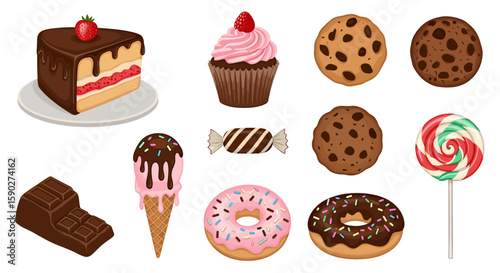 Illustration showcasing an assortment of sweets including cake cupcake cookies and other desserts items displayed on transparent background
