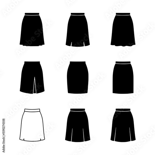 Diverse Collection of Minimalist Black Skirt Silhouettes Representing Women's Fashion in Simple Graphic Forms