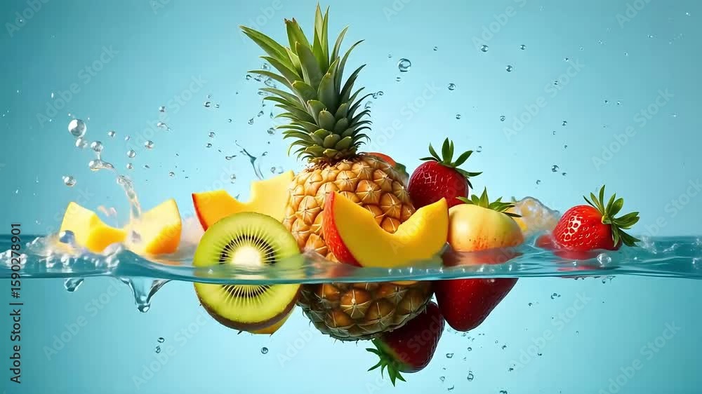 Assorted fruits in water with splashes including pineapple kiwi peach and strawberries on blue