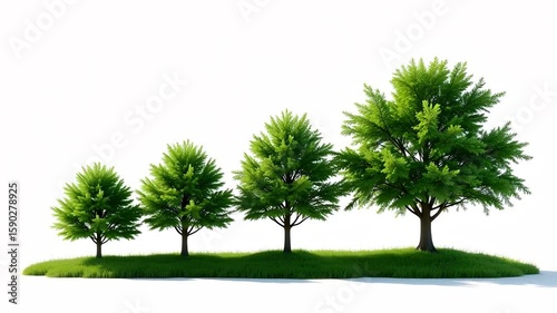 Four trees in progressive growth stages on a grassy hill against a white studio background view