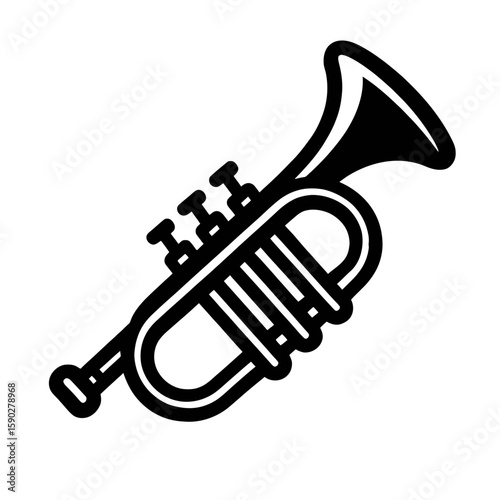 Black and White Vector Illustration of Trumpet – Stylized Brass Instrument with Valves and Flared Bell in Minimalist Line Art for Music Education, Jazz Culture, and Sound-Themed Graphics
