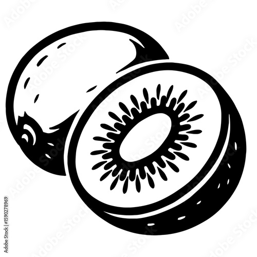 Black and White Vector Illustration of Kiwi Fruit – Dual View Showing Outer Fuzzy Skin and Radial Seed Interior for Culinary, Nutritional, and Botanical Graphic Projects

