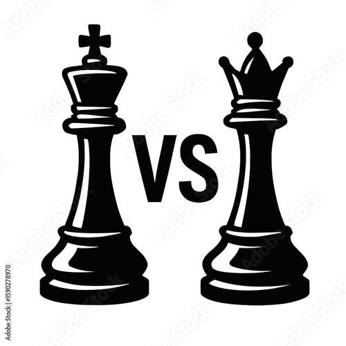 Black and White Vector Illustration of Chess King Versus Queen – Iconic Symbolism Featuring Royal Rivalry with Cross-Topped King and Crowned Queen for Strategy, Power, and Game Design Themes
