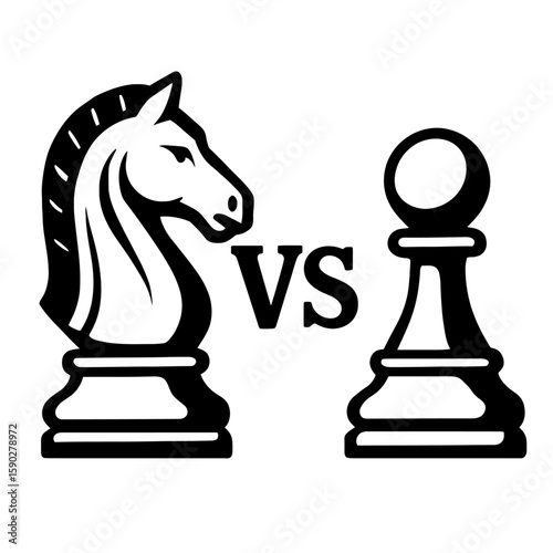 Black and White Vector Illustration of Chess Knight Versus Bishop – Stylized Horse Head and Rounded Bishop Icon with “VS” Between Them, Representing Strategic Tension in Classic Gameplay
