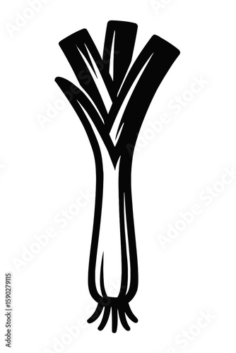Black and White Leek Vector Illustration – Clean Line Art of Cylindrical Stalk with Curved Leaf Tops for Culinary, Organic Produce, and Healthy Living Graphics

