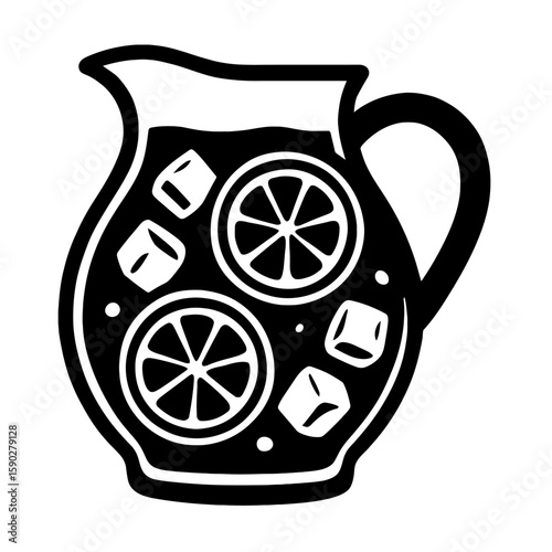 Black and White Vector Illustration of Citrus Pitcher with Ice Cubes and Lemon Slices – Refreshing Beverage Silhouette for Summer Drink Design and Healthy Lifestyle Themes
