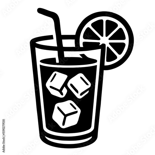 Black and White Vector Illustration of Citrus Drink with Straw and Ice – Refreshing Summer Beverage Design Featuring Lemon Slice Garnish and Glassware Silhouette
