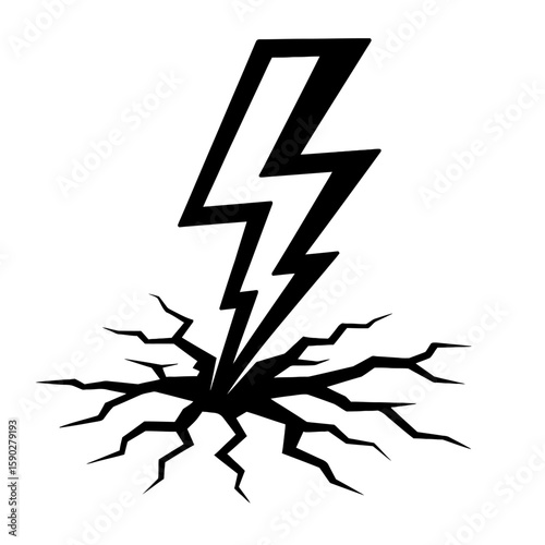 Black and White Vector Illustration of Lightning Bolt Cracking the Ground – Powerful Stylized Symbol of Energy, Impact, and Destructive Force for Conceptual and Graphic Design Projects
