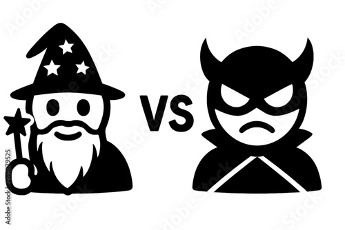 Wizard vs Devil Cartoon Versus Vector – Black and White Illustration of Magical Duel and Villain Showdown