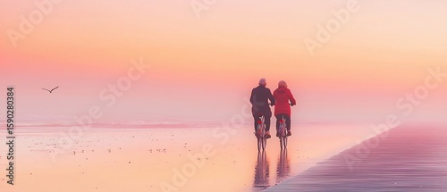 Elderly couple cycling on a wet beach at sunset, with a bird flying in the distance.