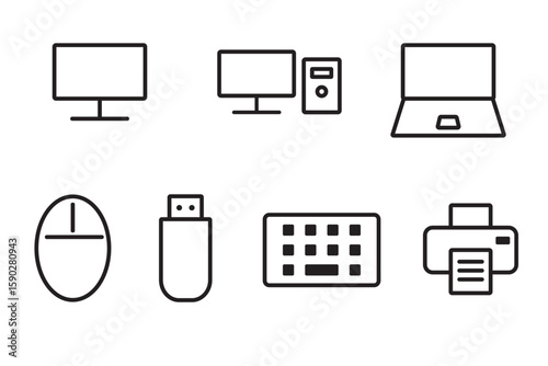 パソコンと周辺機器の白黒アイコンイラストセット