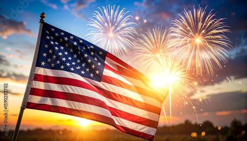 Wallpaper Mural American flag waving with fireworks at sunset Torontodigital.ca