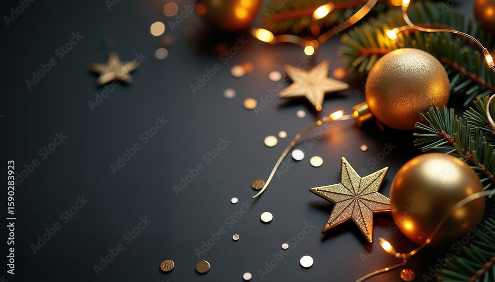 Fototapeta premium New Year's background with golden ornaments and festive decorations