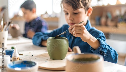 Child painting a clay pot