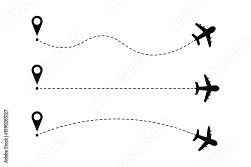 Airplane Flight Path with Location Marker Vector Set