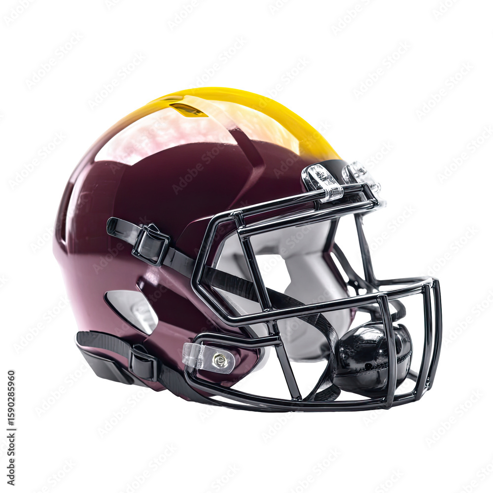 Fototapeta premium Maroon Football Helmet With Yellow Visor Isolated On White