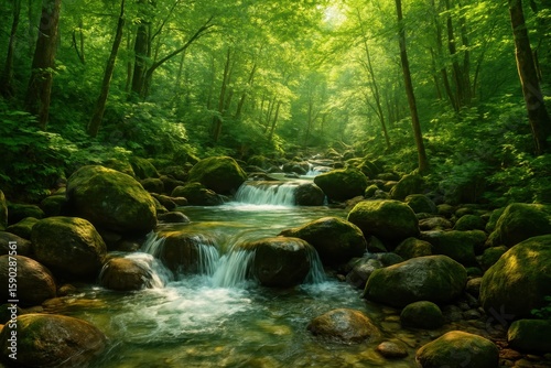 Fototapeta Naklejka Na Ścianę i Meble -  Pristine mountain stream flowing through moss-covered rocks in enchanted spring forest