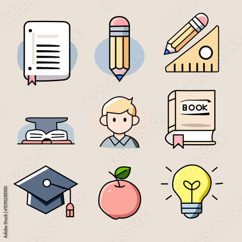 Flat Pastel Line Icons – Education and School Supplies Vector Set