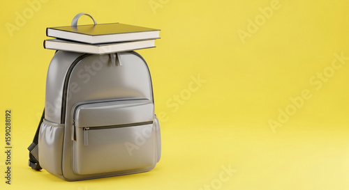 Backpack with Books on Yellow Background. Ai generation