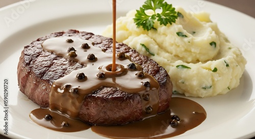 Gourmet Steak Au Poivre: Sauce Pouring Over Tender Beef with Mashed Potatoes