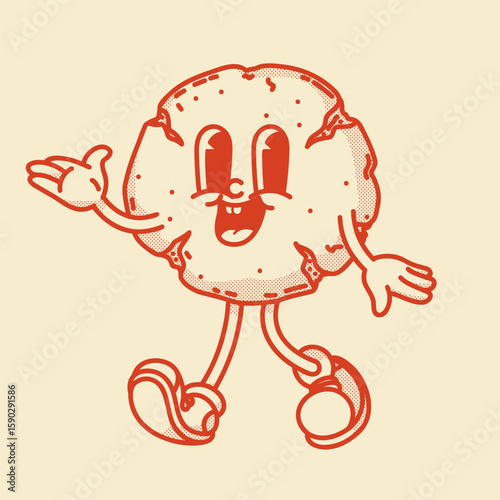 Cheerful cartoon cookie mascot character waving, with a friendly smile and cute shoes. Bakery symbol