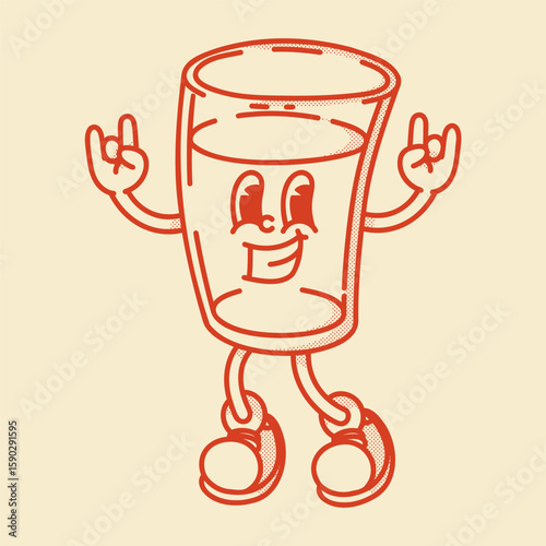 A cheerful cartoon glass of water or other drink mascot in shoes smiling. Bar menu, healthy life symbol. Rock gesture