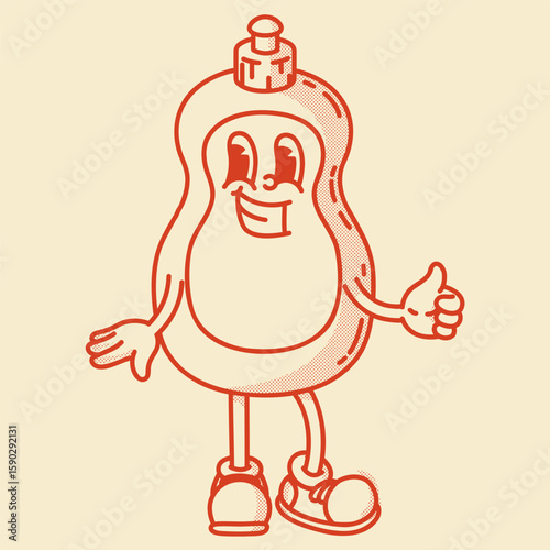 Smiling retro mascot bottle. Perfect for dish soap, shampoo or cleaner ads. Vintage character thumbs up