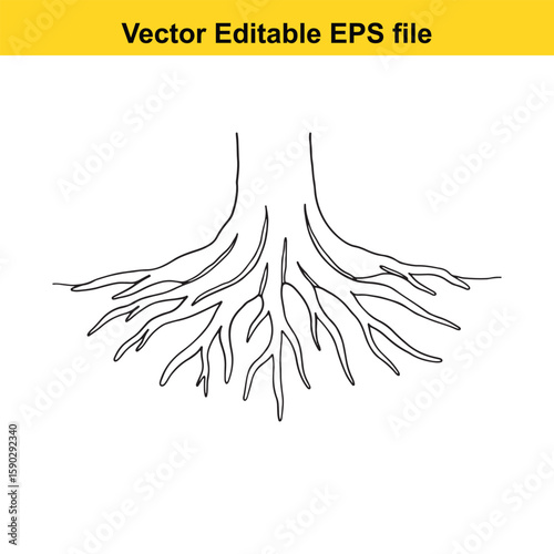 A detailed black silhouette of tree roots spreading outwards on a white background.