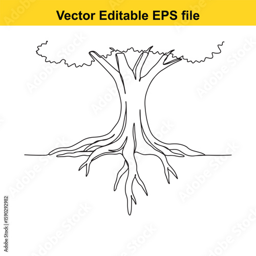 A detailed black silhouette of tree roots spreading outwards on a white background.