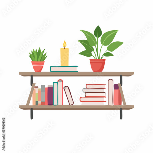Wall shelf with books – Floating shelf stacked with books, plant, and candle.
