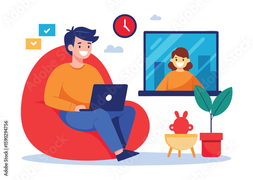 Vector art of man working on laptop at home