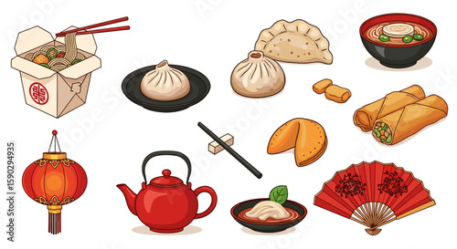 Illustration of chinese cuisine including noodles dumplings fortune cookie and a red chinese lantern on transparent background