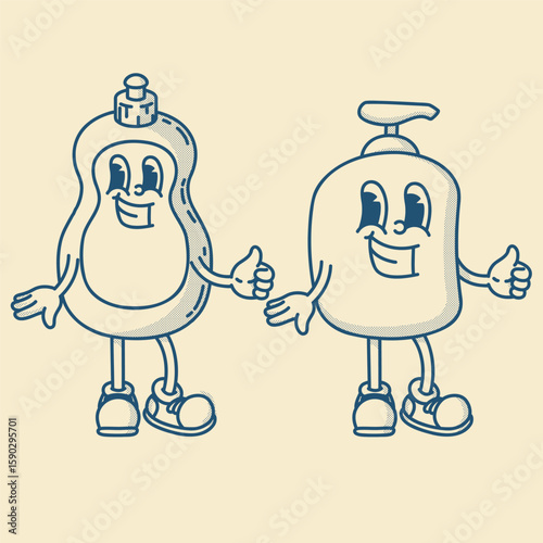 Refillable pump bottles, scincare and dish soap. Recyclable plastic, spa and home aesthetic. Retro mascot