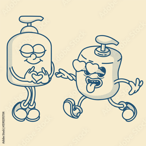 Refillable pump bottles, scincare and dish soap. Recyclable plastic, spa and home aesthetic. Retro mascot