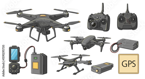 Illustration showing multiple drones, remote controls, batteries, and a gps module on a white background on transparent background