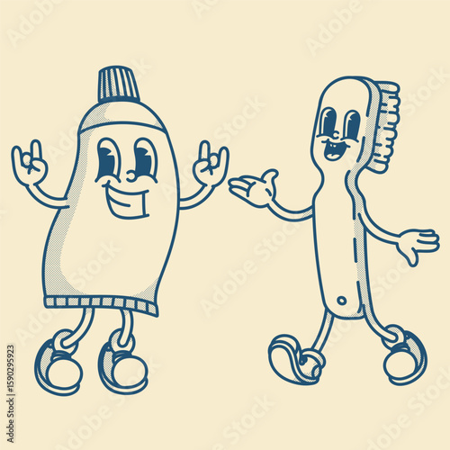 Cute retro toothbrush and toothpaste mascot duo. Perfect handdrawn vector design for dental clinics and oral care brands