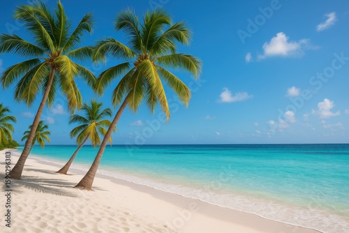 Fototapeta Naklejka Na Ścianę i Meble -  Tropical Caribbean beach with crystal-clear turquoise water and white sand