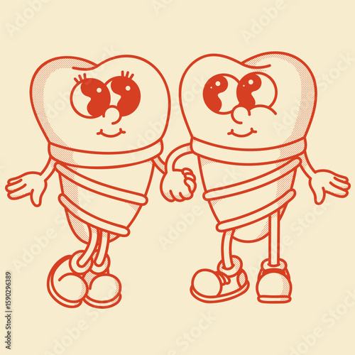 Playful tooth implant character - cute 70s-80s vector art for dental surgery marketing and education