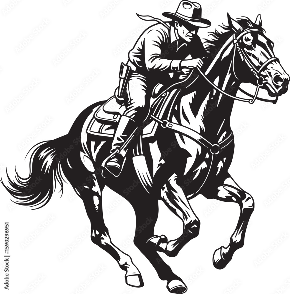 Fototapeta premium Cowboy Riding Horse Galloping Black White Illustration