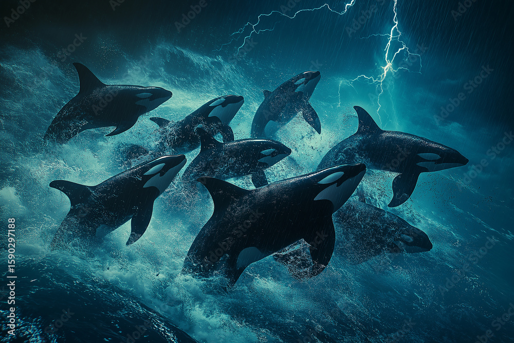 Fototapeta premium A stunning view of orcas in the ocean with a thunderstorm, waves, and wildlife in nature scene.