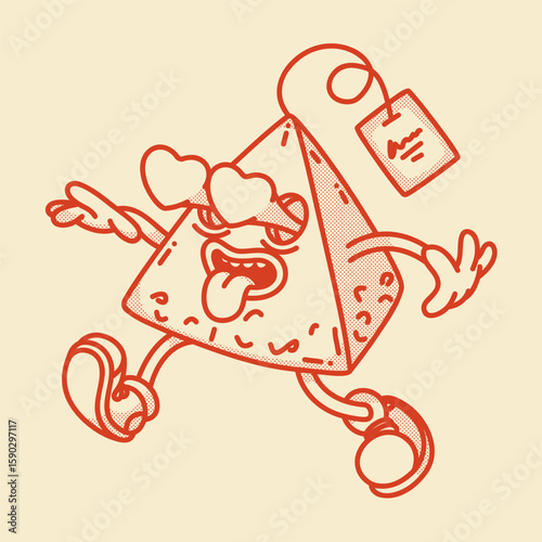 Adorable pyramid tea bag mascot in love with Rose and Vanilla blends. Retro design for Valentine's Day floral tea gifts