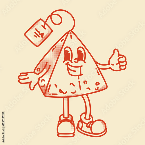 Cheerful retro pyramid tea bag mascot giving a thumbs up. Vintage handdrawn design for premium Earl Grey and herbal tea blends
