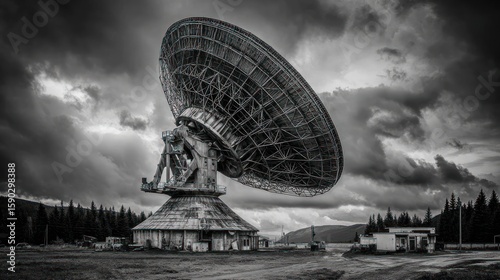 Massive radio telescope under stormy sky