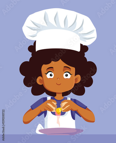 Happy Girl Cracking an Egg Cooking Vector Cartoon Character, Happy child helping at breakfast making process in the morning 