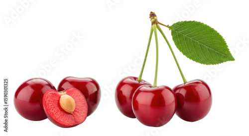 Foto Isolated cherries and cut cherry on white background